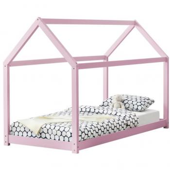 Cama Infantil de Madera de Pino en Forma de Casa - 200x90cm - Color Rosa Lacado Mate