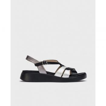 Sandalias planas Wonders para mujer en piel negra con tiras entrelazadas