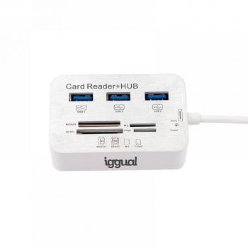 Iggual IGG316733 Hub USB 3.0 con 3 Puertos y Lector de Tarjetas Integrado, Color Blanco