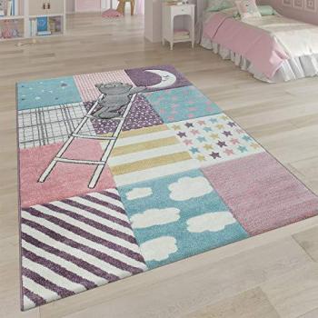 Alfombra Infantil 3D Adorable Patchwork Oso Luna Estrellas Escalera Rosa 80x150 cm
