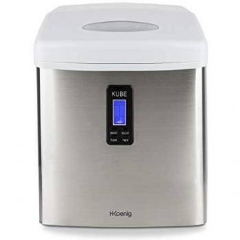 H. Koenig KB15 Máquina para Hacer Hielo, SilencIOSa, 100 W, Capacidad 15 Kg, Entre 6 y 13 Minutos, 3 Tamaños de Cubitos, Acero Inoxidable, Blanco y Gris