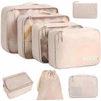 Amazon Brand - Eono 8 Set Cubos de Embalaje, Organizadores para Maletas, Equipaje de Viaje Organizadores, con Bolsa de Zapatos, Bolsa de Cosméticos y Bolsa de Lavandería - Beige