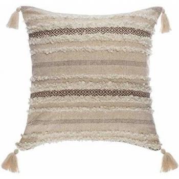 Cojín Brillante Beige con Pompones 59 x 59 cm - Desenfundable
