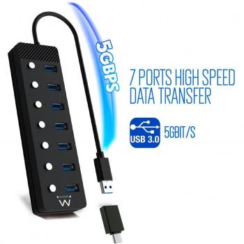 Ewent EW1133 Hub USB 3.0 de 7 Puertos con Interruptores Individuales y Adaptador de Corriente, Incluye Convertidor USB-C