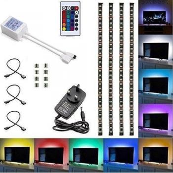 Luminosa casa Kit de 5050 RGB tira de luces LED 50 cm * 4, parte trasera adhesiva flexible cinta + 24 mando a distancia para HDTV TV Monitor decoración multicolor cambiante LED Accent luz, LED with UK Plug