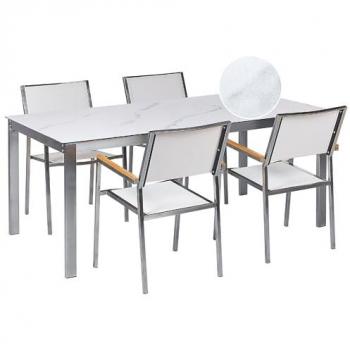 Conjunto de Jardín Moderno 4 Plazas Acero Inoxidable Mesa Vidrio Efecto Mármol Sillas Textileno Blanco Cosoleto