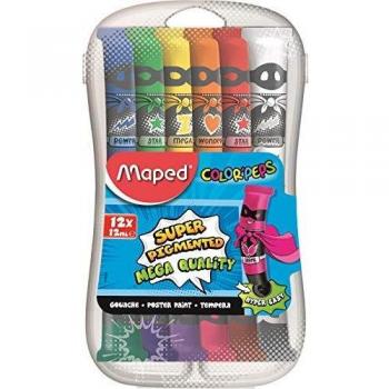 Maped, Set de Manualidades para Niños, Pintura Témpera Tubos, 12 Unidades de, Ideal para Diluir con Agua para Lograr Efectos, Tapón de Rosca, 12 ml