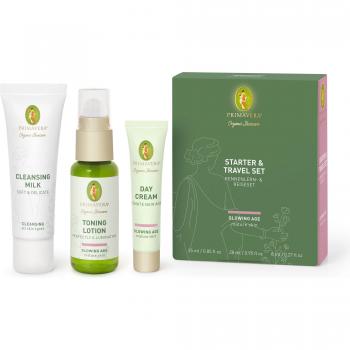 Set de cuidado facial Primavera Glowing Age - Leche Limpiadora Suave 25 ml, Loción Tónica Iluminadora 28 ml, Crema Facial Antienvejecimiento 8 ml