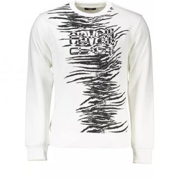 Cavalli Class White Cotton Sweater - M, Sweatshirts, male, White, Size: M Cotton Sweater with Brushed Finish and Logo Print