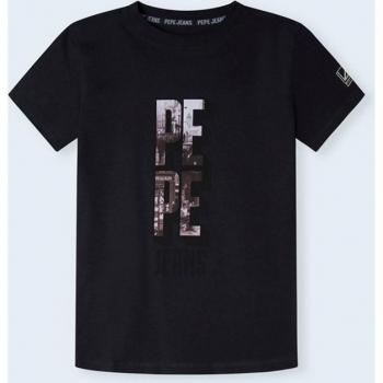 Camiseta de niño negra con print fotográfico insertado en el logo