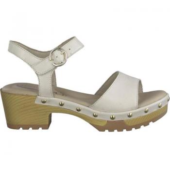 Sandalia mujer 88205 de TAMARIS CONFORT en piel beig con plantilla anatómica acolchada, ajuste hebilla, cómodo y elegante bloque imitación madera antideslizante, altura 5 CM