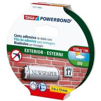 tesa Powerbond Cinta Doble Cara OUTDOOR , Cinta de Montaje para Exteriores , Resistente a los Rayos UV, al Agua y a la Temperatura , Soporta hasta 1 kg por Cada 10 cm de Cinta, 5m x 19mm