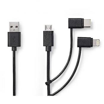 Cable 3 en 1 USB 2.0 | Conector USB-A Macho | Apple Lightning 8 Pines / Micro-B / USB-C | 480 Mbps | 1 m | Niquelado | Negro