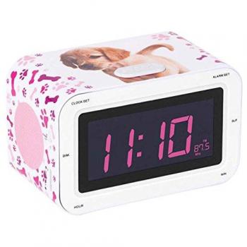 Bigben Interactive RR30 - Radio despertador, diseño Dogs II, blanco y rosa