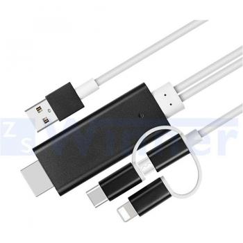 Cable Adaptador HDMI 3 en 1: Lighting, Type-C y Micro USB a HDMI para Espejo de Pantalla Móvil a TV/Proyector/Monitor