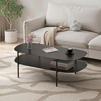 Mesa de Centro Ovalada Enebakk con Estante de Acero 112 x 62 x 41 cm - Negro Mate Estilo Industrial