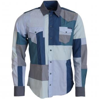 Dolce & Gabbana Blue Cotton Patchwork Slim Fit Top Shirt