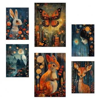 Set de 6 Pósters de Naturaleza y Animales por Rosina Wachtmeister - Conejo, Mariposa, Ardilla, Ciervo - Ilustraciones Decorativas para Habitaciones A3 y A4 Sin Marco