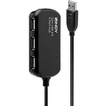 Lindy 42783 Cable Extensor USB Activo Pro con HUB de 4 Puertos USB 2.0, Longitud 12m, Color Negro