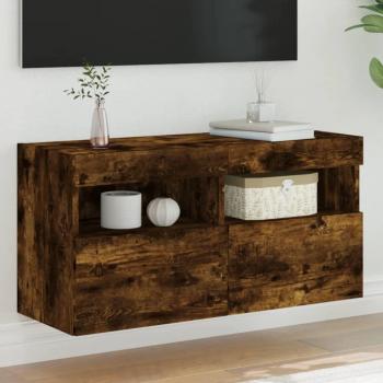 Mueble de TV de pared con luces LED en roble ahumado, dimensiones 80x30x40 cm, ideal para salón, incluye iluminación LED