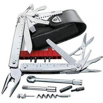 Victorinox Multitool SwissTool X Plus Ratchet Navaja en funda de piel con 38 funciones, incluyendo hoja, portabrocas y prolongador de brocas, color gris