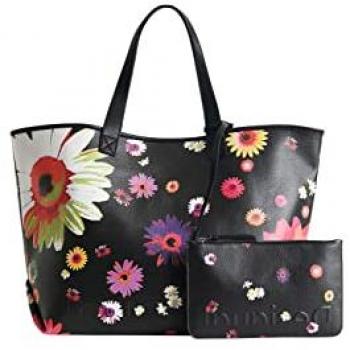 Bolso shopper extra grande Desigual 55 cm modelo 22WAXP40 reversible color negro con detalles florales, BAG_DAISY POP_NAMIBIA REV 2000 BLACK Mujeres, Negro, talla única