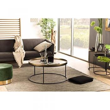 Mesa de centro redonda 88x88cm de aluminio dorado con patas de metal negro