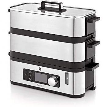 WMF Kitchenminis - Vaporera 900 W, 2 Zonas de Cocción y Función de Mantenimiento de la Calor, Acabados de Acero Inoxidable de Cromargan, Capacidad de hasta 4.3L y Depósito de Agua de 1.1L
