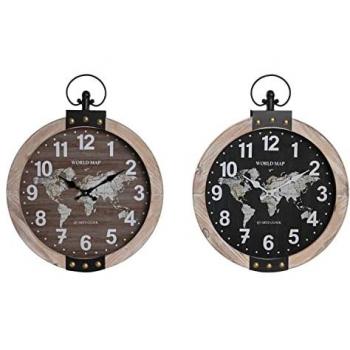 Reloj de Pared DKD Home Decor 40 x 6,5 x 46 cm Negro Marrón Hierro Vintage Madera MDF Mapamundi (2 Unidades)