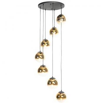 Lámpara colgante inteligente Art Déco negra con cristal dorado, 7 luces, incluye 7 bombillas WiFi A60, adecuada para LED, máxima potencia 7 x 7 W