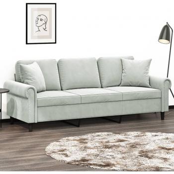 Light Grey Velvet 3-Seater Sofa with Throw Pillows 180 cm