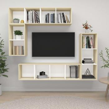 Mueble de salón 4 piezas madera de ingeniería roble Sonoma con aglomerado blanco y roble Sonoma, incluye mueble TV, mesa de TV y mueble tele