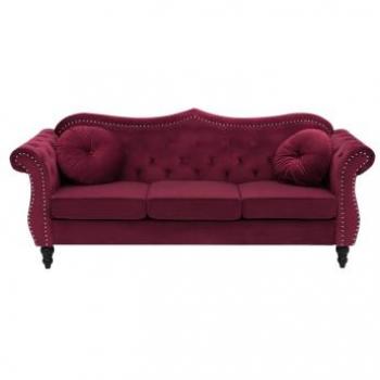 Sofá 3 plazas de terciopelo burdeos estilo Chesterfield con botones decorativos y apoyabrazos enrollados Skien