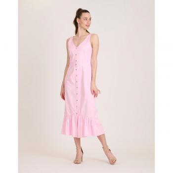 Vestido midi sin mangas con cierre de botones en color rosa con estampado floral, talla 36