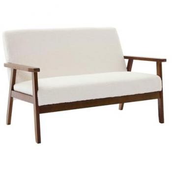 Sofá-banco 2 plazas, tela borreguito, patas teñidas nogal claro, Isak borreguito, Borreguito blanco, 114x69.5x73 cm