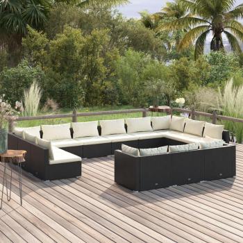 13-Piece Black Poly Rattan Garden Lounge Set with Cushions