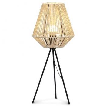 Lámpara de Mesa Nórdica de Mimbre Natural y Metal Negro con Portalámparas E27 LED, Estilo Tripode Piramidal para Dormitorio o Salón