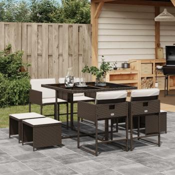 9-Piece Brown Poly Rattan Garden Dining Set with Cushions