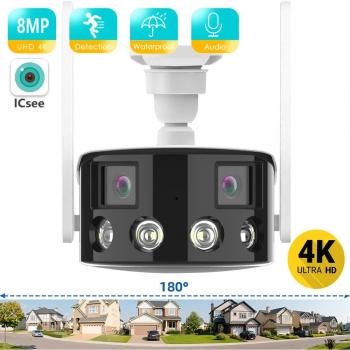 Cámara IP 8MP 4K de Doble Lente, Ultra Ancho 180°, Wifi, Detección Humana AI, Vigilancia Exterior, Protección de Seguridad, Aplicación ICSEE sin Tarjeta