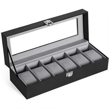 Caja de Relojes de 6 Slots con Forro de Terciopelo, Negra, Tapa de Cristal y Cojines Desmontables