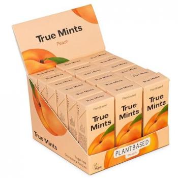 True Mints Caramelos Veganos Sabor Melocotón Sin Azúcar 13g - Pack de 18 unidades, sin plásticos, con aromas naturales
