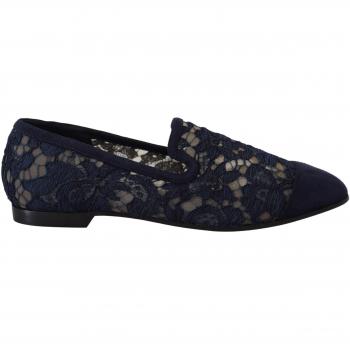 Dolce & Gabbana Blue Floral Lace Slip Ons Loafers Flats Shoes - EU37/US6.5, Female, Size: 7 US