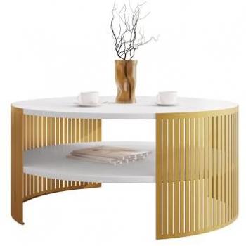 Mesa de centro Oswego 121, redonda, dorado y blanco, 40cm de altura, diámetro 75cm, aglomerado laminado