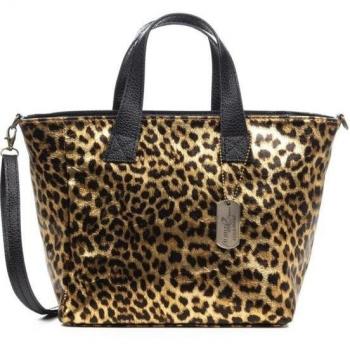 Piel auténtica Gamuza, animal print leopardo, lacado brillante. Fabricado en Italia 32x14x23 Cm