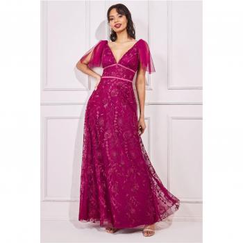 Goddiva Embroidered Lace Maxi Flutter Sleeves - Magenta