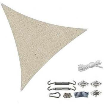 Sekey Toldo Vela de Sombra 3.6x3.6x3.6m Triangular con Cuerda y Kit de Montaje, HDPE Prueba de Viento, Transpirable, Protección Rayos UV, para Terraza Patio Exteriores Jardín, Gris Pardo
