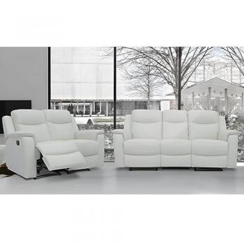 Sofá relax Evasión 3+2 plazas de piel blanco marfil con bandeja portavasos