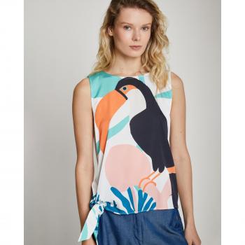 Camiseta de mujer Trucco con estampado de pelícano, tirantes, cuello redondo y detalle de lazo en lateral