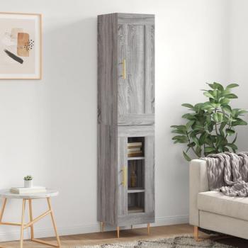 Aparador alto de madera de ingeniería gris Sonoma 34,5x34x180 cm con 1 puerta de cristal, mueble de almacenaje para salón, buffet y armario auxiliar