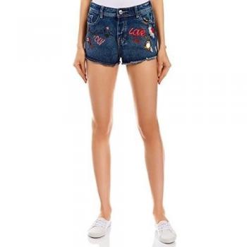 oodji Ultra Mujer Pantalón Corto Vaquero con Dibujo y Bordado, Azul, W26